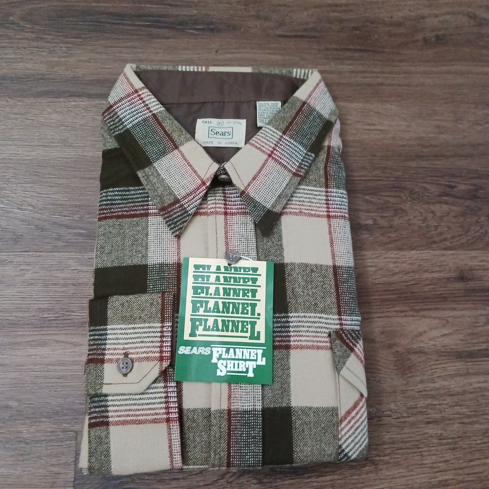 Vintage Sears Flannel Shirt Mens XL Tall Plaid Acrylic Button Down Deadstock NWT